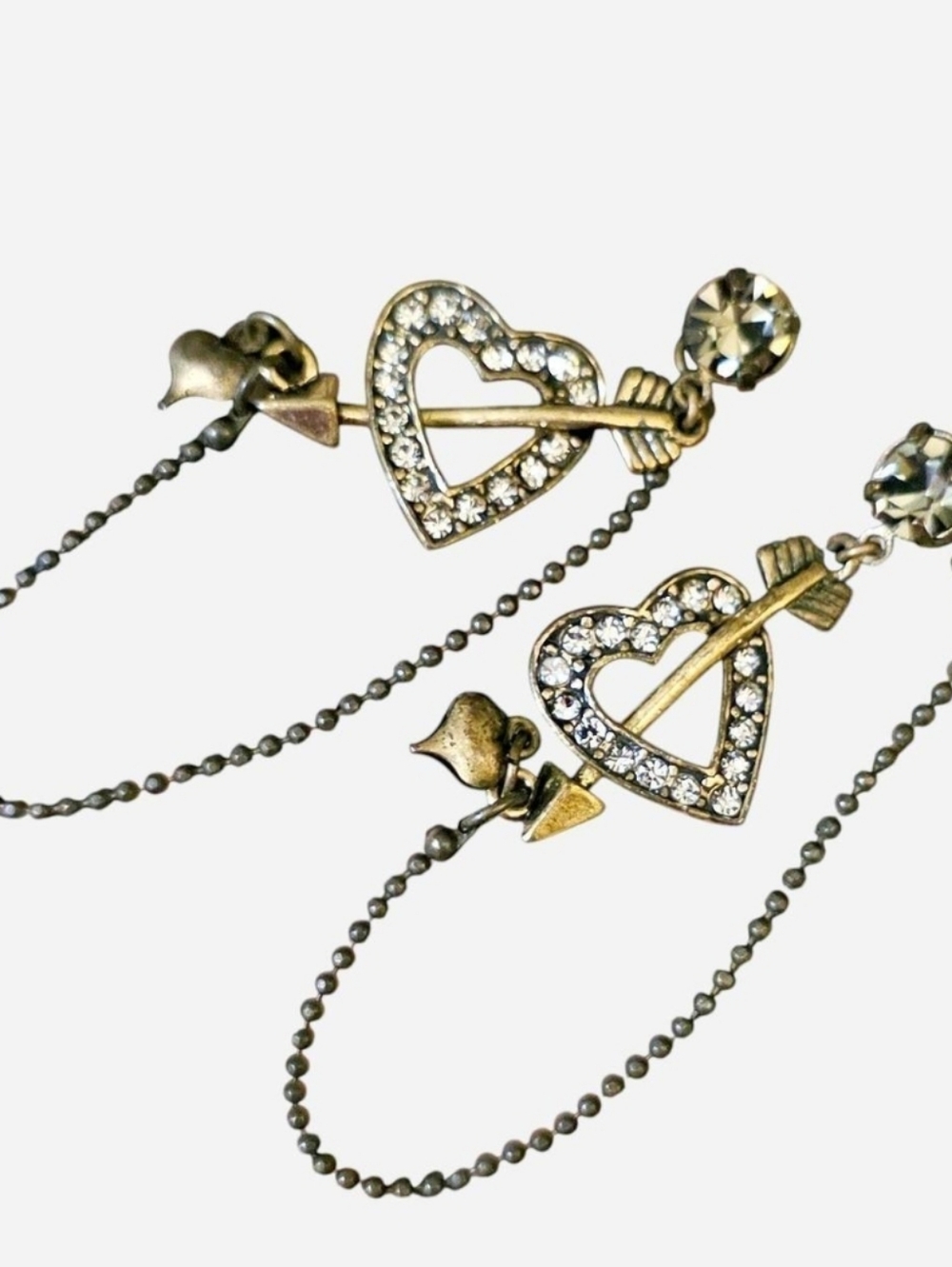 Vintage Betsey Johnson Antique Gold Heart Arrow Drop Earrings w/Rhinestones - Picture 3 of 6